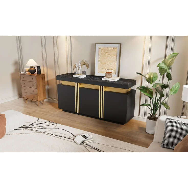 Merax 140*38*70cm Schwarz Sideboard-Display, 3 Türen, Esszimmerschrank mit verstellbaren Trennwänden, breite grifflose Schließfächer – Bild 6