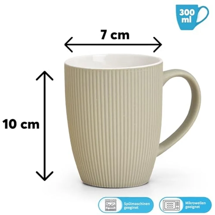 matches21 HOME & HOBBY Tasse Kaffeetassen 4er Set einfarbig gerippt Pastellfarben Rillen, 4-tlg, Keramik, Tee Kaffee-Becher, modern, orange beige creme grün, 300 ml – Bild 2