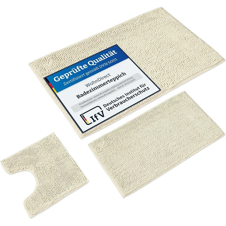 WohnDirect Badematten Set 3 teilig Creme • WC Vorleger (45x45 cm), Badematte (50x80 cm,70x120 cm) • rutschfest waschbar Badezimmerteppich MIT WC-Ausschnitt – Bild 1