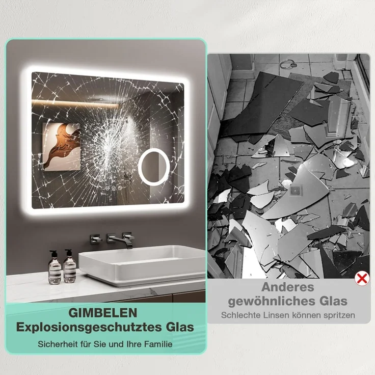 Gimbelen LED Badspiegel 80x60 cm, rechteckig, mit 3 Lichtfarben & Dimmfunktion, 3-fach Vergrößerung, Rasiersteckdose, Antibeschlag & Speicherfunktion, IP44, Silber – Bild 9