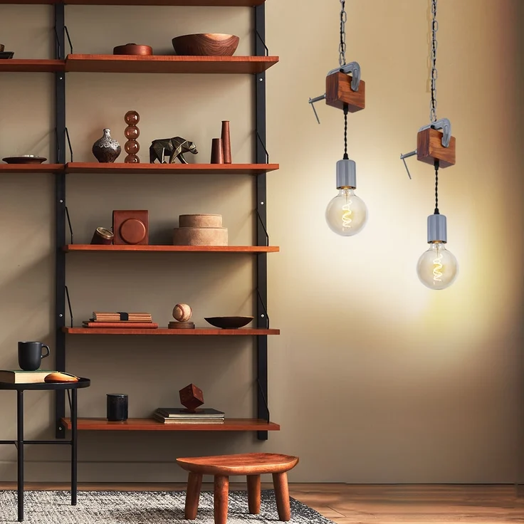 Hängeleuchte, Holz antik Metall verzinkt, Schraubzwinge, H 120cm – Bild 9