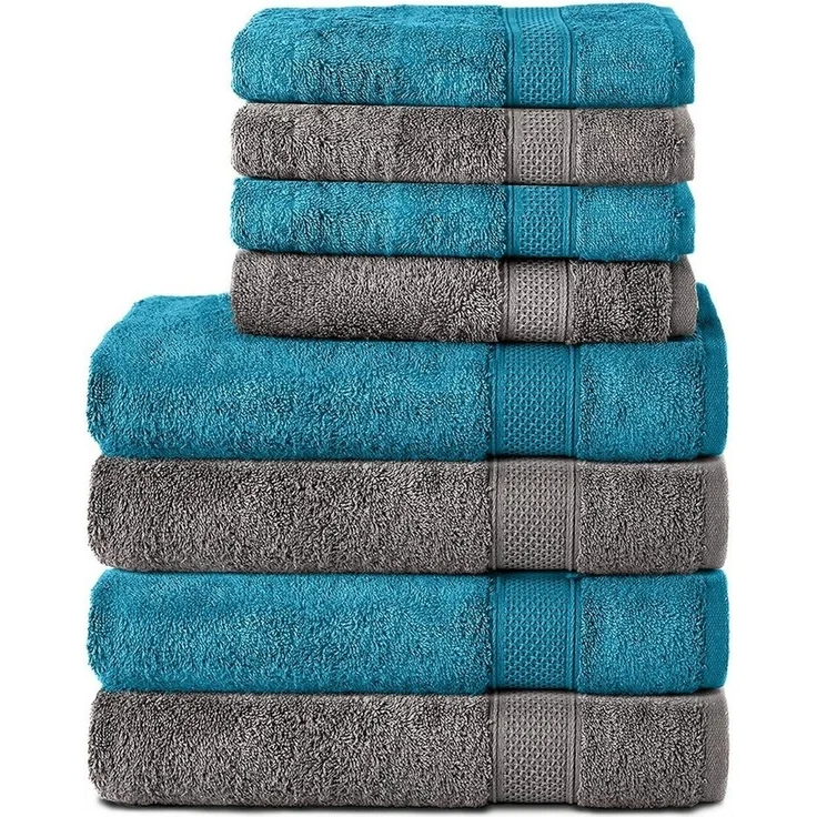 Komfortec 8er Handtuch Set aus 100% Baumwolle, 4 Badetücher 70x140 und 4 Handtücher 50x100 cm, Frottee, Weich, Towel, Groß, Anthrazit Grau/Türkis – Bild 5