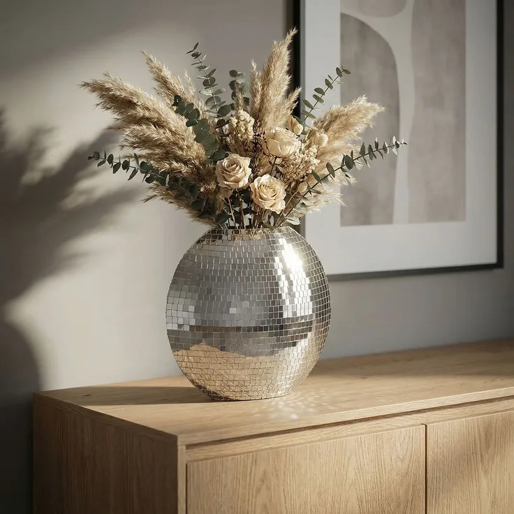 FineBuy Tischvase Metall 40cm - Dekovase Mosaik rund - Vase modern - Wohnzimmer Deko - Design Vase flach Tisch Dekoration Handmade