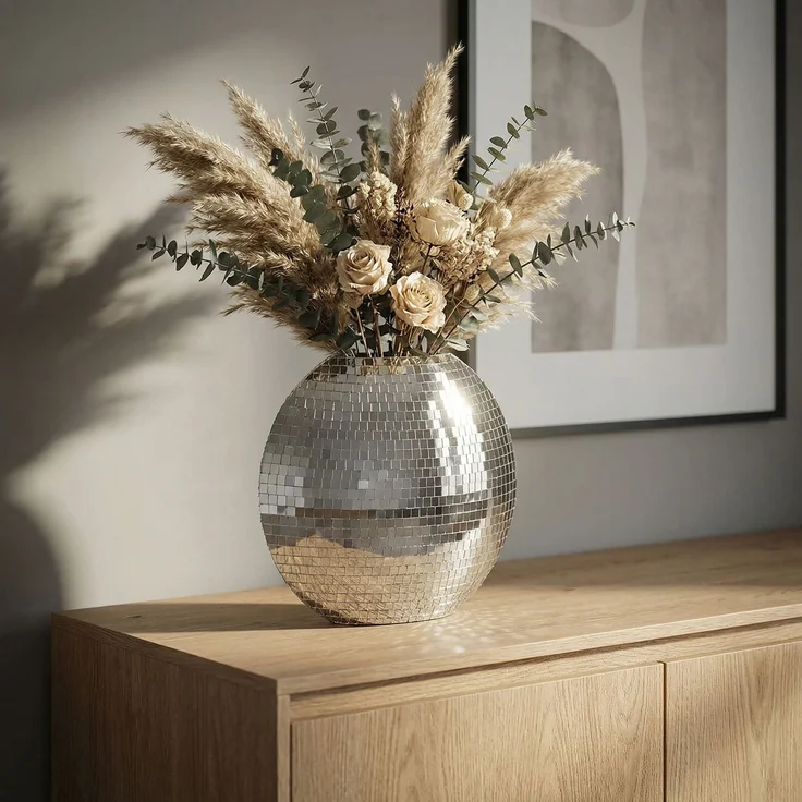 FineBuy Tischvase Metall 40cm - Dekovase Mosaik rund - Vase modern - Wohnzimmer Deko - Design Vase flach Tisch Dekoration Handmade – Bild 1