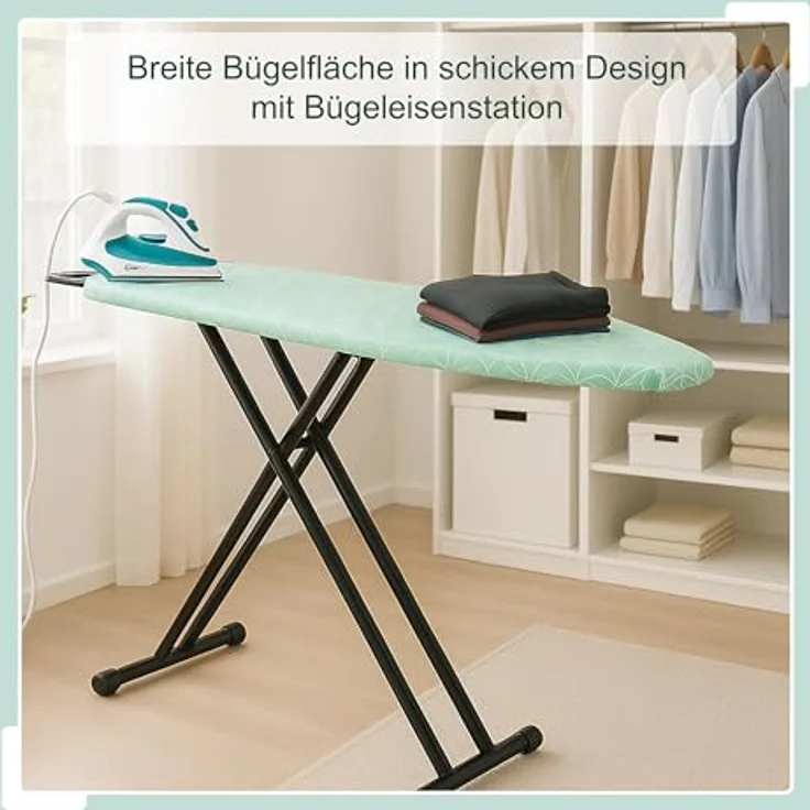Relaxdays Bügelbrett für Dampfbügeleisen, höhenverstellbar und klappbar, 123 x 39 cm, grün/schwarz, mit Ablage und hitzebeständigem Bezug – Bild 2