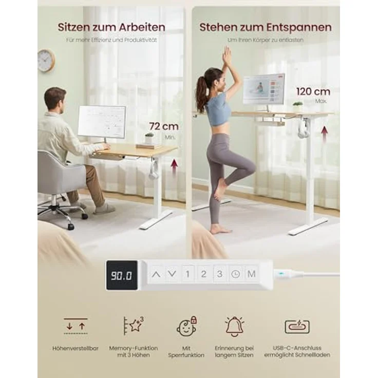 VASAGLE Höhenverstellbarer Schreibtisch, 160x80 cm, USB-C-Anschluss, Ablage für Steckdosenleiste, Stehtisch, Erinnerung bei langem Sitzen, 3 Speichertasten, für Büro, goldeichenfarben LSD146YA02 – Bild 7