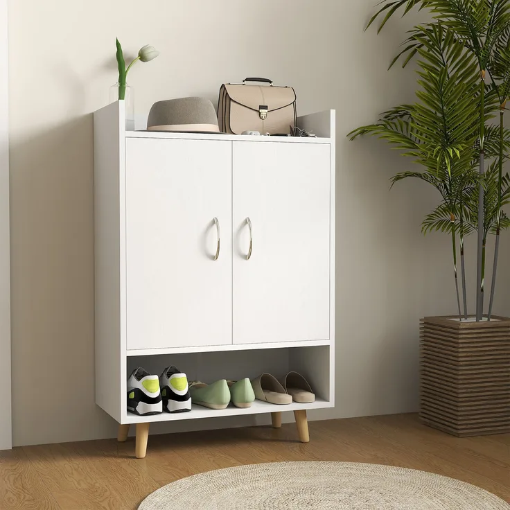 Schuhschrank Schuhkommode schmal 30cm mit Holztür 3 Regalen Massivholzbeinen kippfest
