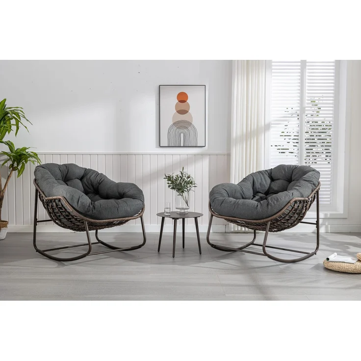 Gartenschaukelstuhl, extragroßer Schaukelstuhl aus Korbgeflecht in Eiform, bequemer Schaukelstuhl für drinnen und draußen mit dickem Kissen, moderner Lounge-Sessel für Balkon, Veranda, Garten, Terrasse, Hinterhof, Dunkelgrau – 93 x 73 x 23 cm – YOUDENOVA – Bild 4