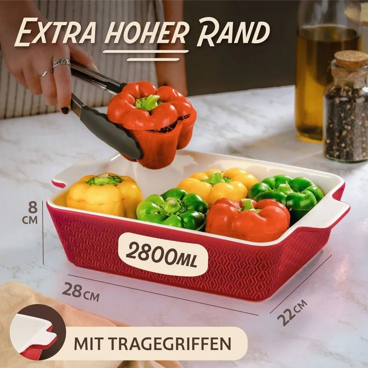 Praknu Auflaufform Auflaufform Groß aus Keramik - Extra Hoher Rand - Für Lasagne, – Für, Porzellan - Keramik, (1-St), Für 4 Personen Lasagne, Tiramisu & Auflauf - Hoher Rand - Rechteckig – Bild 3