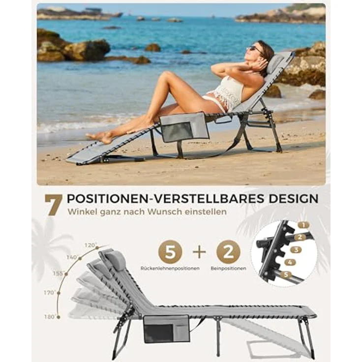 KingCamp Übergroße Sonnenliege Klappbar 5-Fach Verstellbar Gartenliege Liegestuhl Dreibeinliege Liege Campingliege mit Kopfkissen und Seitentasche bis 150 kg für Garten Urlaub Strand Pool 200x68 cm – Bild 6