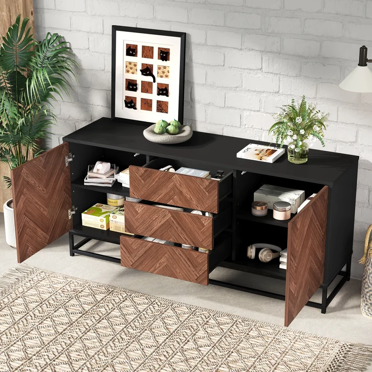 Sideboard Metallgestell mit 3 Schubladen & 2 Schranktüren 145x40x67 cm Eiche+Schwarz – Bild 4
