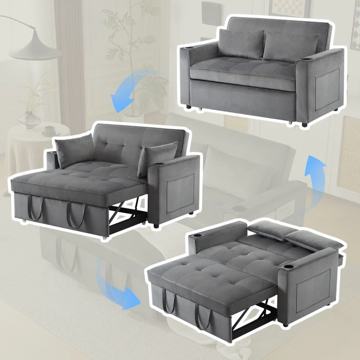 Multifunktions-Schlafsofa Samt Grau, 3-fach verstellbar mit Getränkehalter, 137x76,5x83 cm – Bild 6