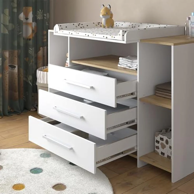 Vichy Wickelkommode Oskar, Weiss/Goldkraft Eiche, mit Wickelaufsatz und 3 Schubladen, 143.2 x 93 cm – Bild 4