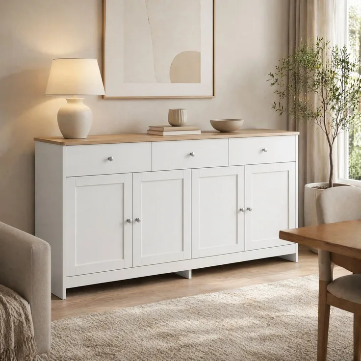 DESVIAE Sideboard mit 3 Schubladen und 4 Türen, 160x75x37 cm, MDF und Spanplatte, Weiß/Holzfarbe