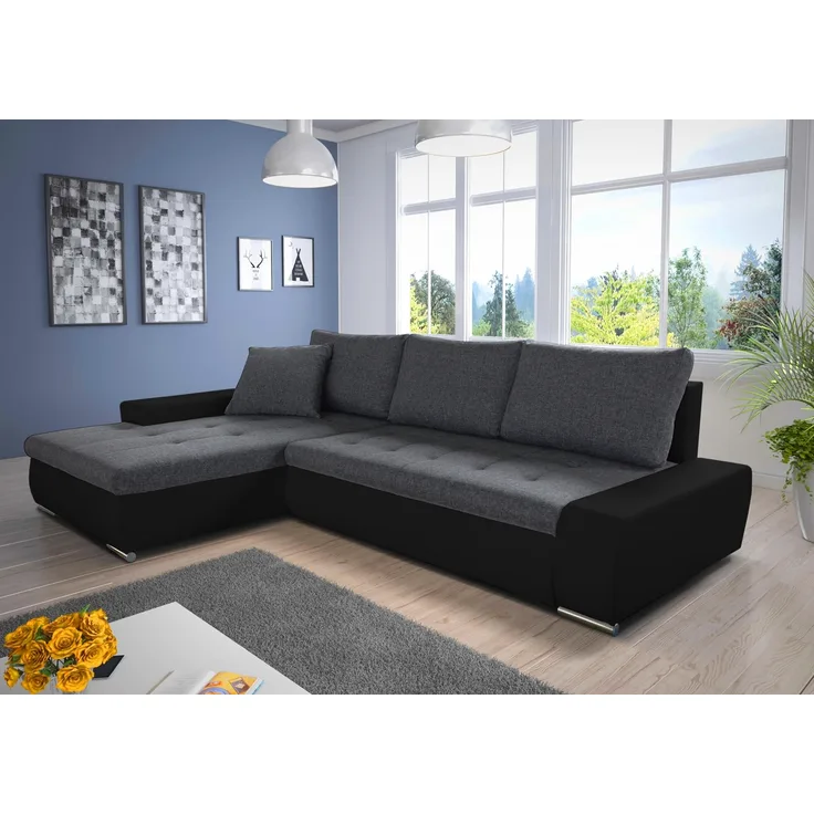 Ecksofa mit Schlaffunktion Faris - Couch mit Bettkasten, Big Sofa, Sofagarnitur, Couchgarniitur, Polsterecke (Schwarz + Dunkelgrau (Madryt 1100 + Inari 94), Ecksofa Links)