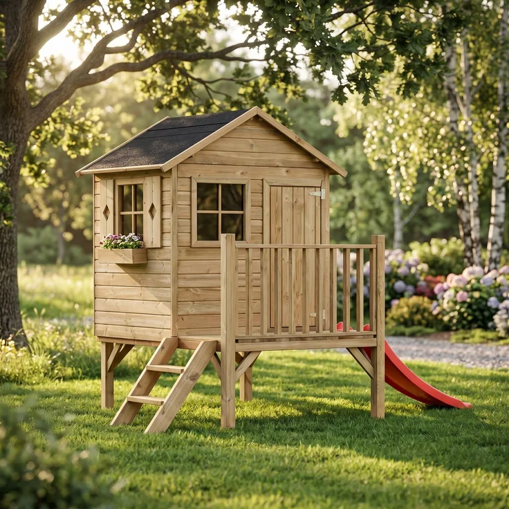 Kinderspielhaus mit Rutsche und Leiter Spielhaus Holz-Gartenhaus #3991 – Bild 3