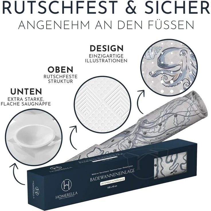 Homerella Badematte rutschfest 100% BPA frei inkl. 2 Haken zum Aufhängen 100x40cm, Antirutschmatte Badewanne hautsensitiv & schimmelresistent – Bild 4