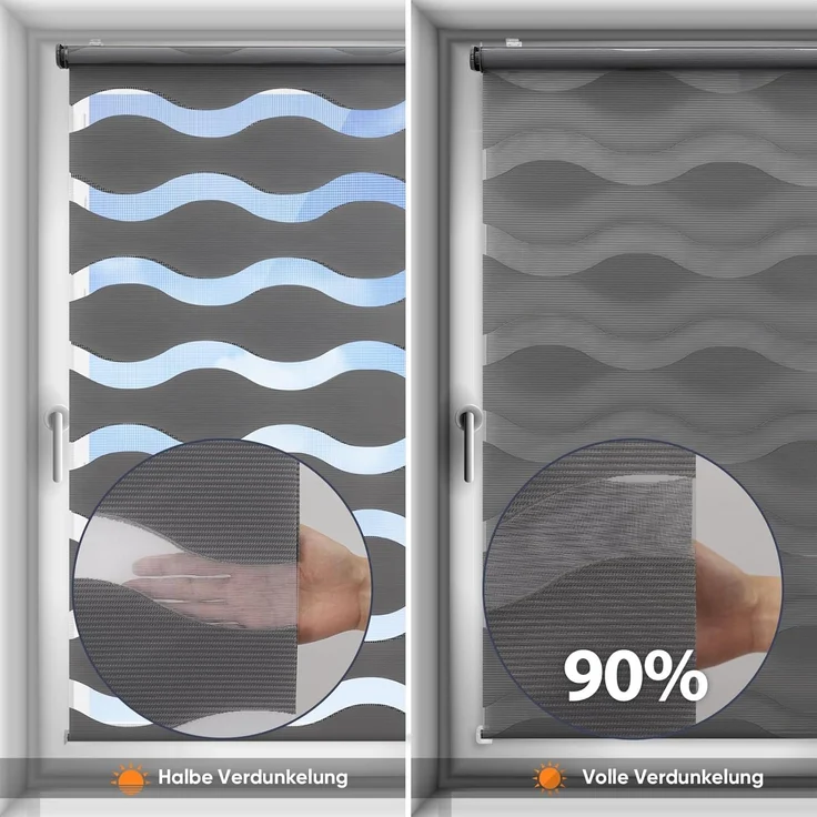 Sekey Doppelrollo Wellen Klemmfix ohne Bohren für Fenster, Doppelrollo 90 cm breit, Duo Rollo Welle Jalousie Sonnenschutz, 90x150cm, Dunkelgrau – Bild 3