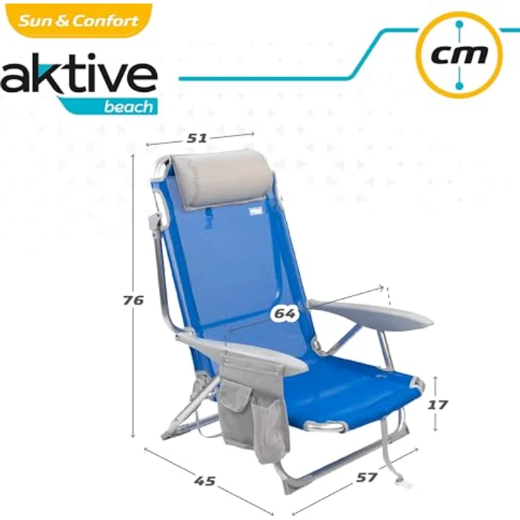 Aktive 62609 Strandklappstuhl mit Kissen, Liegestuhl, 4 Positionen, 62 x 62 x 76 cm, Sitzhöhe 20 cm, Tragegriff, Seitentasche, Blau, Aktive Beach – Bild 7