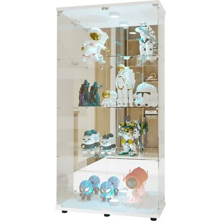 FUROKOY Glasvitrine Standvitrine, Modern Glas Vitrinenschrank (4 Lagen Glasvitrine mit 2 Glastür, Sammlervitrine, für Sammlerstücke Bücher Wein, mit Licht, weiß) – Bild 3
