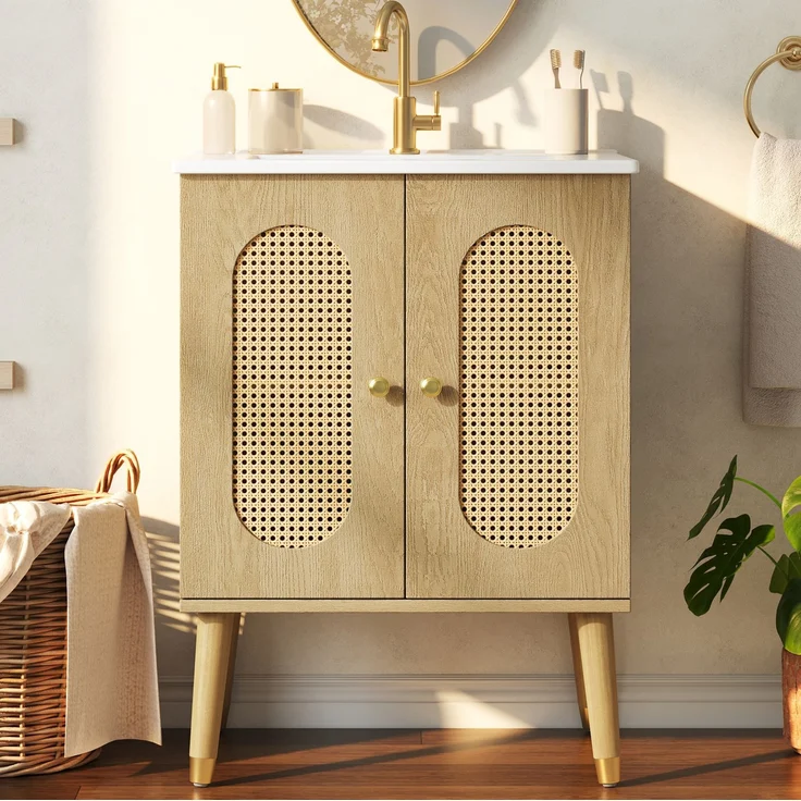 Badunterschrank 61 x 47 x 89 cm mit Keramikwaschbecken, Rattantüren und Stauraum – Bild 2