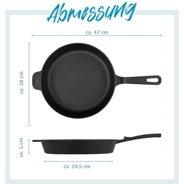 GRÄWE CI 350 Gusseisenpfanne Ø 28 cm, Bratpfanne aus Gusseisen, Induktion & Grill geeignet, Pfannen-Set mit Zubehör (Echtleder Griffschutz, Ringreiniger) – Bild 4