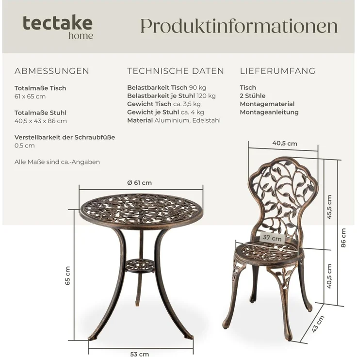 tectake Essgruppe Bistrotisch-Set Lyon für 2 Personen, wetterfestes Aluminium, (Set, 3-tlg), Absolute Standsicherheit dank höhenverstellbarer Kunststofffüße – Bild 6
