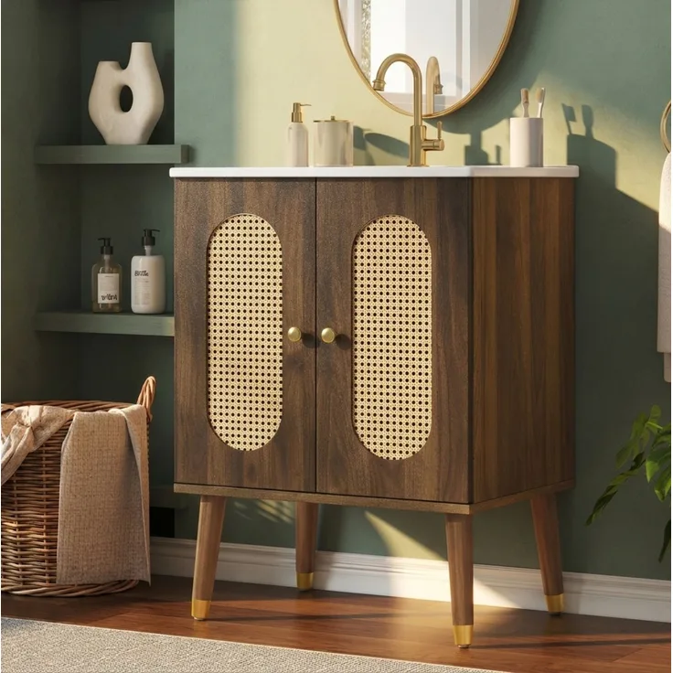 Waschbeckenunterschrank 61x47x89 cm mit Keramikwaschbecken, Rattantüren und Ablageböden