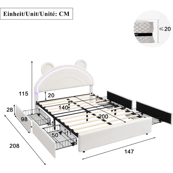 Abrihome Kinder-Polsterbett 140x200 cm, Beige, Bären-Kopfteil, 4 Schubladen, App-LED, 220 kg – Bild 3