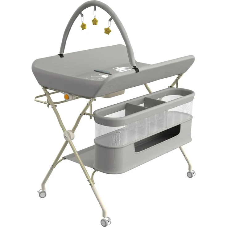 Wickelstation für Baby, Wickeltisch, faltbar, tragbar, Wickeltisch, faltbar, tragbar, mit Aufbewahrungskorb, maximale Belastung von 25 kg,75 x 68 x 83–91 cm (Schwarz) Grau