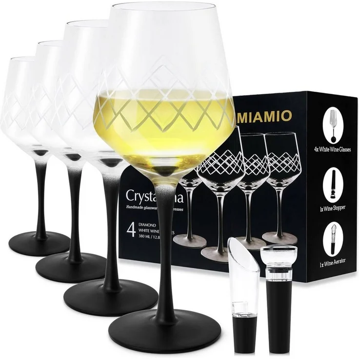 MiaMio Weißweinglas Crystaluna mit schwarzem Stiel, 380 ml, 4-tlg, Glas, mit schwarzem Stiel, Weinstopper und Weinbelüfter – Bild 2