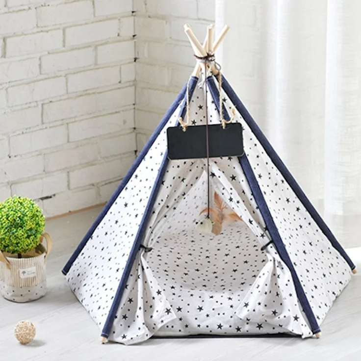Pettimania Tipi mit Sternprint für Katzen, Maße: 50 x 50 x 70 cm, weiß mit dunkelblauem Sternen-Aufdruck – Bild 2