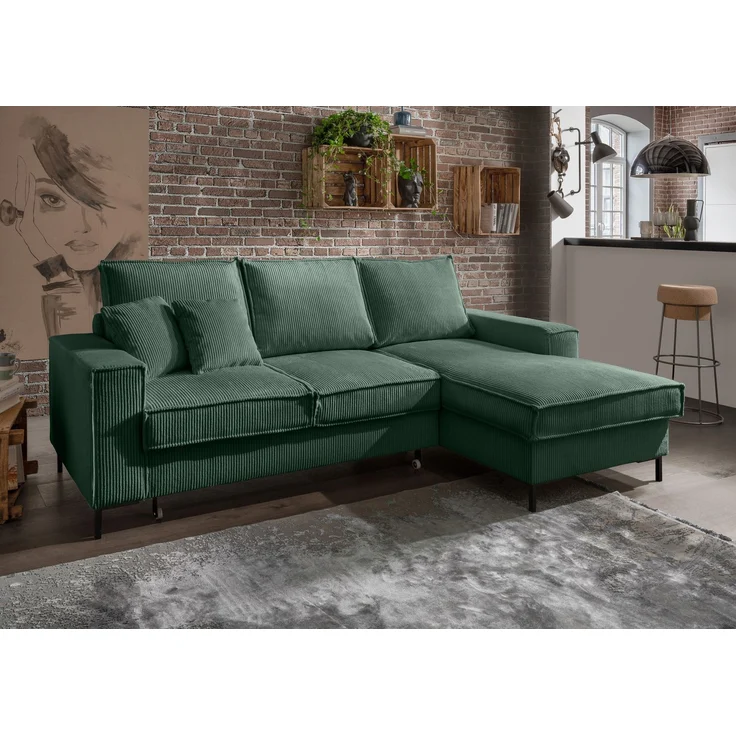 Ecksofa Récamiere Schlaffunktion Bettkasten Couch Polsterecke in Cord Grün – Bild 2