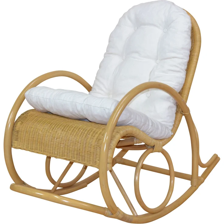Schaukelstuhl aus Rattan handgefertigt, beige, Kissen creme – Bild 1