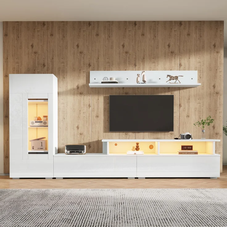 TV Wohnwand Set 3-teilig LED Beleuchtung Hochglanz Wohnzimmer Möbel Set Frontale Wohnwand 1 x TV Schrank, 1 x Wohnzimmer Vitrine, 1 x Hängeregal, TV bis 75' Weiß--Weiß--130x46x15.49cm--YOUDENOVA – Bild 6