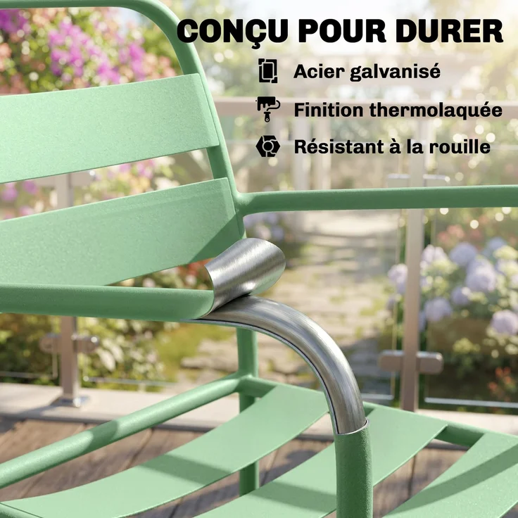 3-teiliges Garten-Bistro-Set – Couchtisch aus Hartglas und 2 Stühle mit Lattenbeinen, Gestell aus verzinktem Stahl, grün – Bild 7