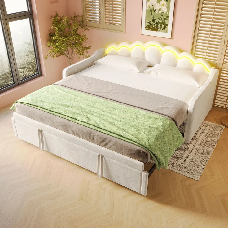 Merax Einzelbett, Kinderbett 90x200cm(180x200cm), Schlafsofa, Tagesbett mit ausziehbarem Bett, Samt, Farbwechselbarer LED-Streifen, Beige – Bild 2
