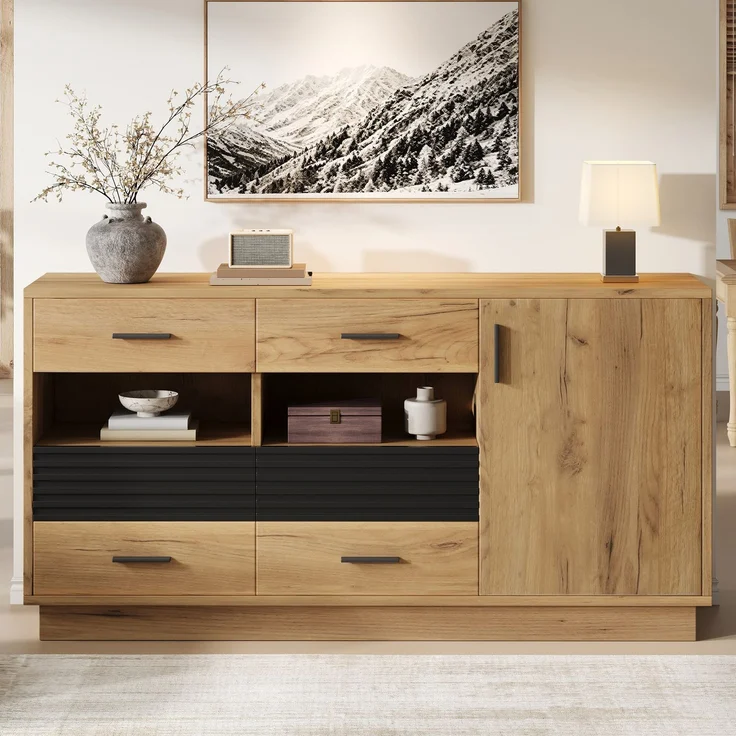 DESVIAE Sideboard Eiche aus MDF – 140x70x35 cm – 6 Schubladen, 1 Tür – Bild 2