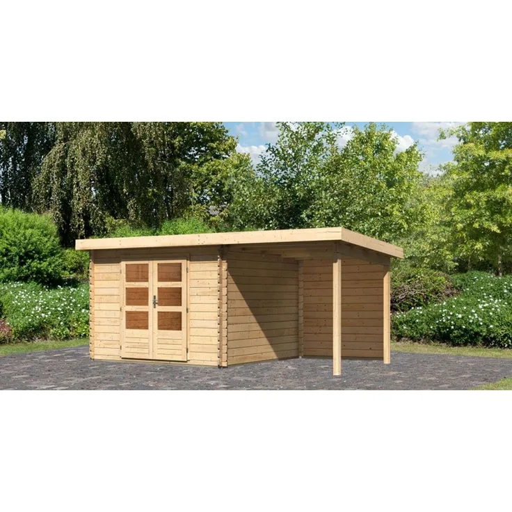 Gartenhaus Bastrup 7 - 540x297 cm mit Anbaudach 2,00 m mit Rückwand, 28 mm Holz naturbelassen, Karibu