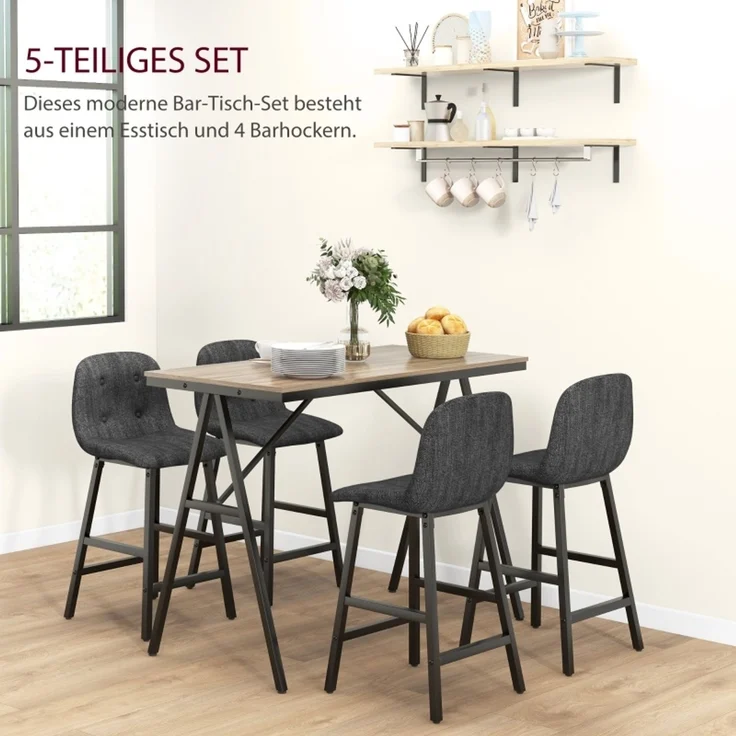 Bargarnitur 5-teilig, Tisch und 4 Stühle, Knopfheftung, dicke Polsterung, Leinenoptik, Dunkelgrau--Dunkelgrau--120x60x91cm--YOUDENOVA – Bild 4
