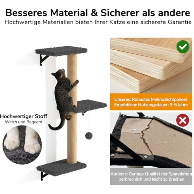 FUKUMARU Kletterwand Katzen Set, 10-teilig Katzen Kletterwand Set, aus robuster Multiplexplatte，Hängematte Katze mit Katzenhaus, Katzenbrücke, Katzenbaum, Katzentreppe bis zu 18 kg, Grau – Bild 5
