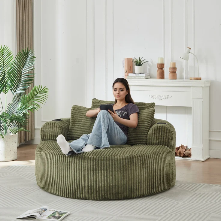 Rundes Loungesofa aus Cord, Einzelsitz Sitzsack Liegestuhl mit 3 Kissen, 2 Getränkehaltern, Seitenaufbewahrung, Rutschfest, Bequemes Relaxsofa für Wohnzimmer Schlafzimmer--Grün--146x29x32cm--YOUDENOVA – Bild 7