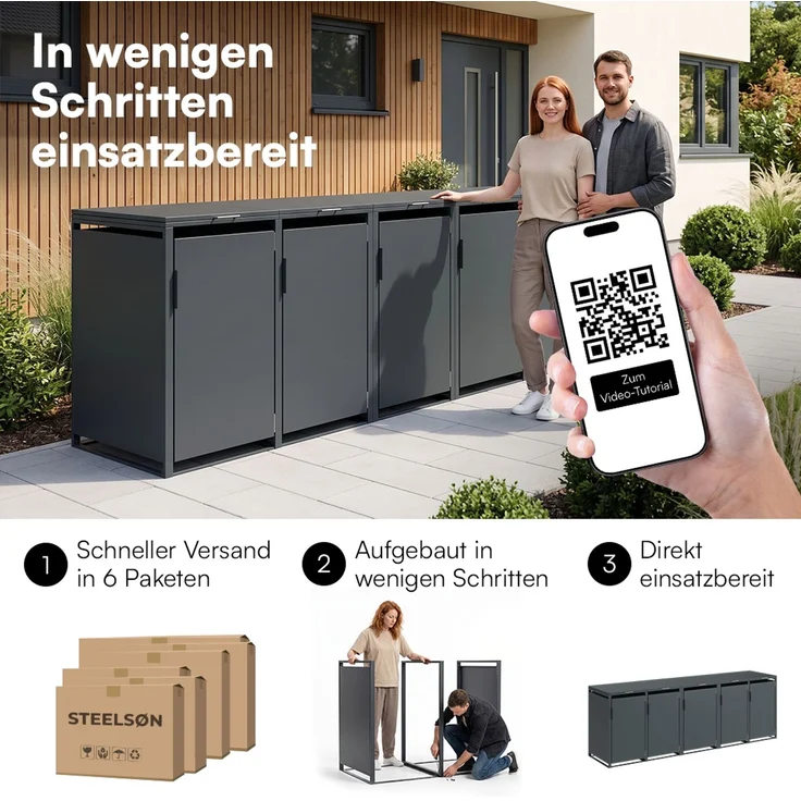 STEELSØN 'Thoria' Mülltonnenbox 5er je 240 Liter, anthrazit, Mülltonnenverkleidung aus Stahl, wetterfest, 116x80x337 cm, Müllbox für 5 Tonnen – Bild 10