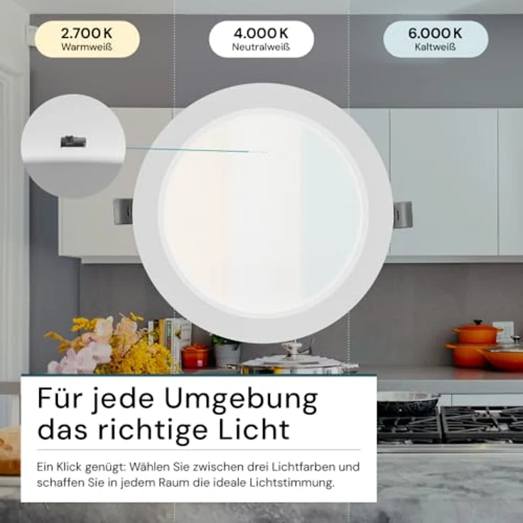 LUXULA LED Einbauleuchte rund Weiß, Ø173x26mm, 12W 1200lm, IP44, CCT einstellbar 2700K 4000K 6000K für Bad, Küche & Innenräume – Bild 3