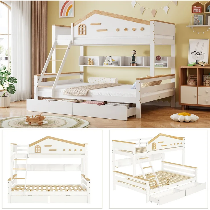 Etagenbett 90×200 & 140×200 – Offenes Regal, 2 Schubladen, vierstufige Schrägleiter, rundum Fallschutz,Massivholz & MDF – Weiß & Natur – Bild 6