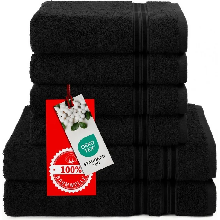 Hammetex 6 teiliges Handtuch Set, 100% Baumwolle Weich Saugstark Qualität Handtücher Set, 2 Badetücher 70x140 cm, 4 Handtücher 50x100 cm, Schwarz – Bild 3