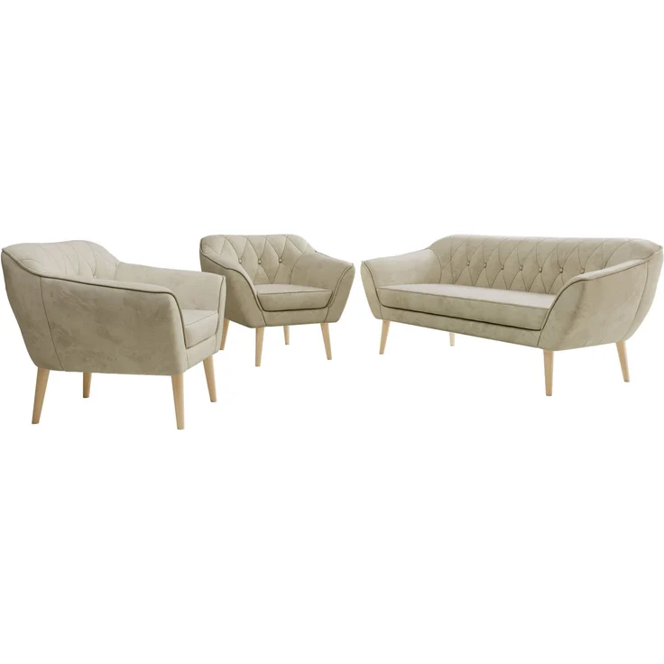 Wohnzimmerset PIRS 1-1-3, Skandinavisches 3-Sitzer Sofa mit Sesseln, Sofa mit Wellenfederung, Buche Füße, Skandinavisches Möbelset - Beige Velvet – Bild 6