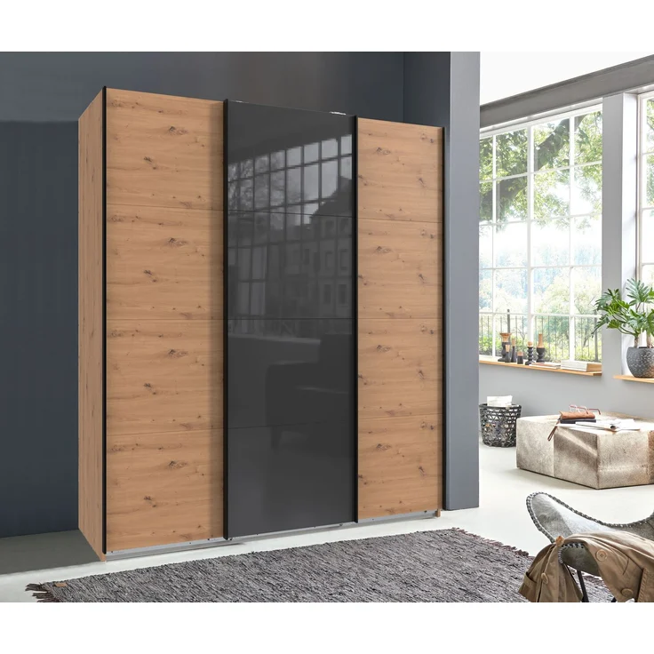 Schwebetürenschrank Kleiderschrank B180 cm H208 cm 3-trg. Eiche Artisan Dekor, 1 Tür Glas Grau – Bild 3