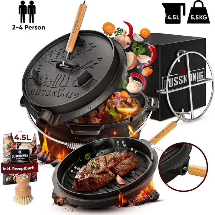 GUSSKÖNIG Schmortopf GUSSKÖNIG Dutch Oven Set 4,5 Liter 2in1 Deckelheber Bürste Rezeptbuch – Bild 1