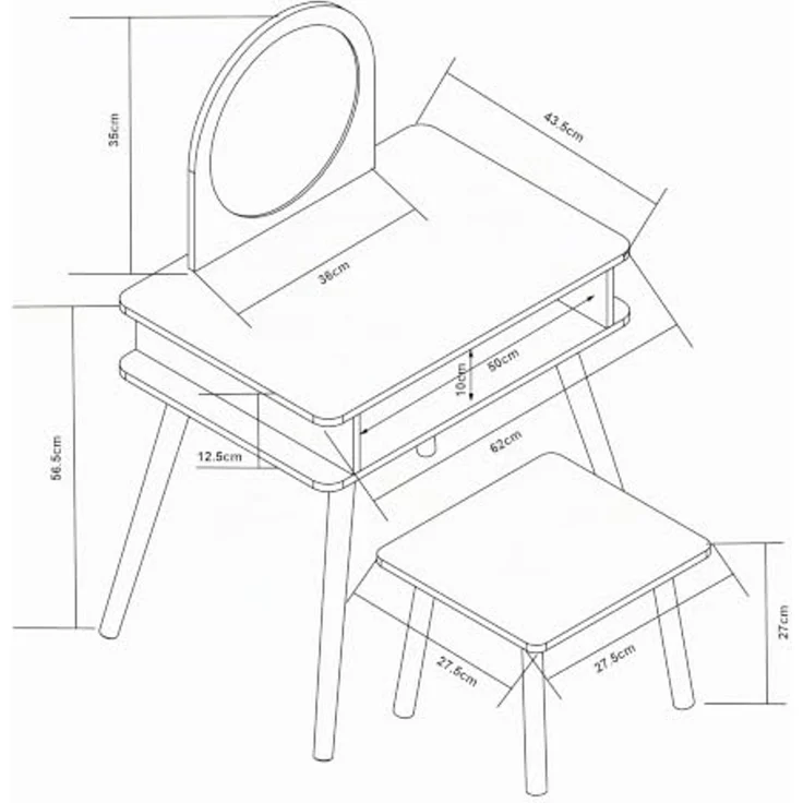 [en. casa] 'Ovanåker' Kinderschminktisch mit Hocker, Holz weiß / natur, 62 x 91,5 x 43,5 cm – Bild 4